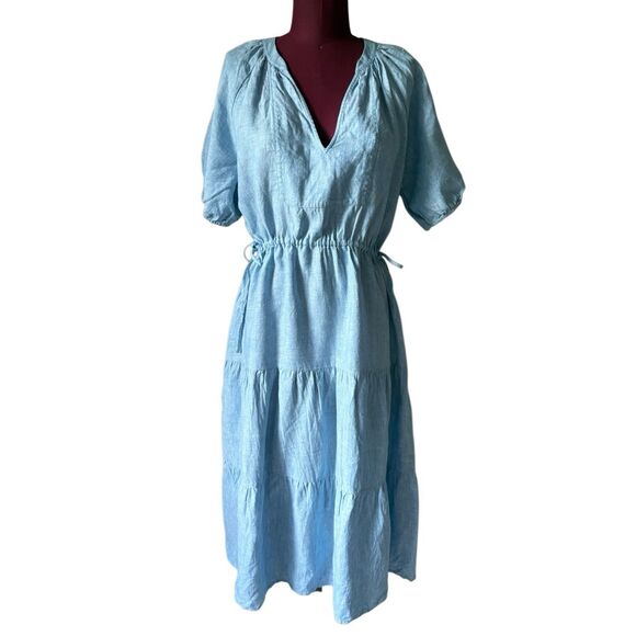 Aritzia Wilfred Decadence Linen Midi Dress Tiered size S Chambray Buoy Blue Shor - Picture 5 of 12